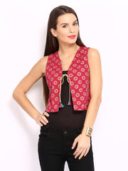 Anouk Rustic Women Green &amp; Pink Printed Sleeveless Reversible Waistcoat