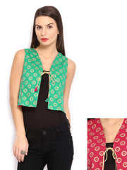 Anouk Rustic Women Green &amp; Pink Printed Sleeveless Reversible Waistcoat