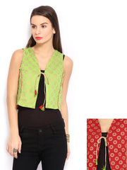 Anouk Rustic Women Green &amp; Red Printed Sleeveless Reversible Waistcoat
