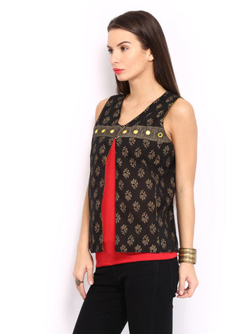 Anouk Rustic Women Black Printed Sleeveless Waistcoat