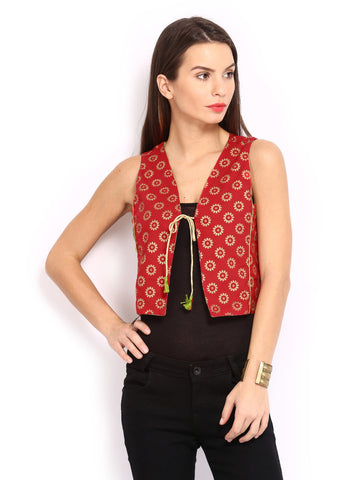 Anouk Rustic Women Green &amp; Red Printed Sleeveless Reversible Waistcoat