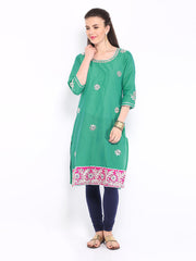 Anouk Rustic Women Sea Green Art Silk Embroidered Kurta