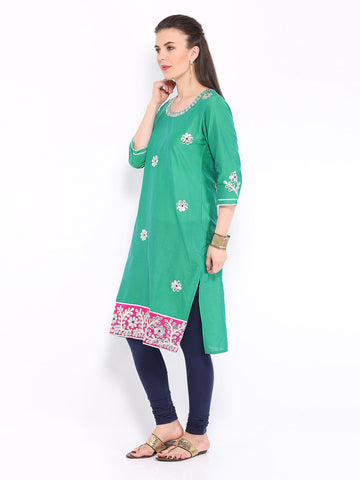 Anouk Rustic Women Sea Green Art Silk Embroidered Kurta