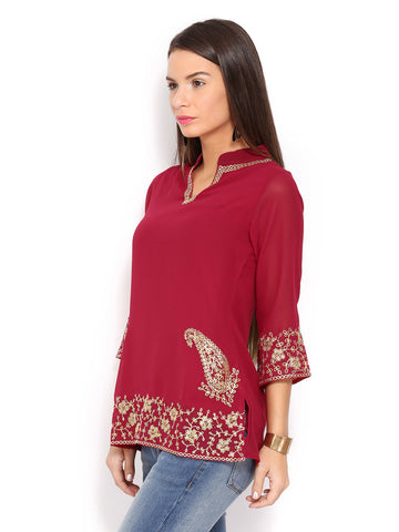 Anouk Rustic Women Maroon Embroidered Kurti