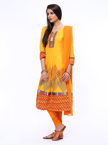 Anouk Rustic Women Yellow &amp; Orange Anarkali Churidar Kurta with Dupatta