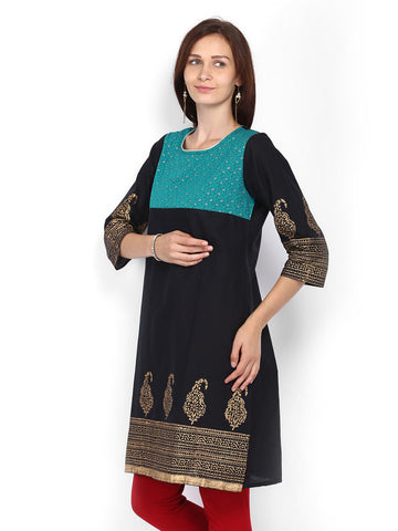 Anouk Women Black &amp; Blue Printed Kurta