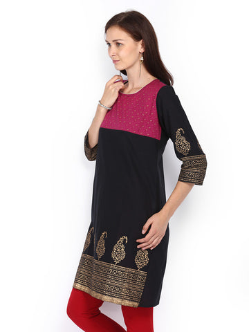 Anouk Women Black &amp; Purple Printed Kurta
