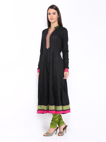 Anouk Women Black Self Striped Anarkali Kurta