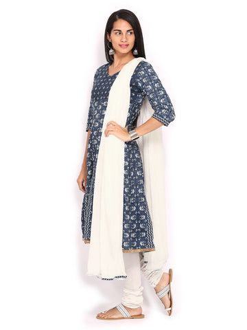 Anouk Women Blue &amp; Off-White Printed Anarkali Churidar Kurta with Dupatta