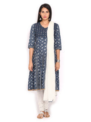 Anouk Women Blue &amp; Off-White Printed Anarkali Churidar Kurta with Dupatta