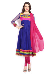 Anouk Women Blue &amp; Pink Embroidered Anarkali Churidar Kurta with Dupatta