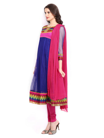Anouk Women Blue &amp; Pink Embroidered Anarkali Churidar Kurta with Dupatta
