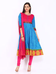 Anouk Women Blue &amp; Pink Printed Anarkali Churidar Kurta with Dupatta