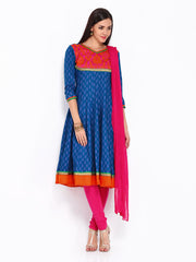 Anouk Women Blue &amp; Pink Printed Anarkali Churidar Kurta with Dupatta