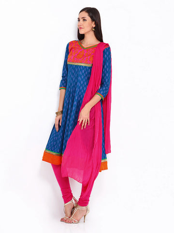 Anouk Women Blue &amp; Pink Printed Anarkali Churidar Kurta with Dupatta