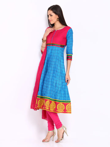 Anouk Women Blue &amp; Pink Printed Anarkali Churidar Kurta with Dupatta