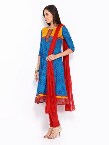 Anouk Women Blue &amp; Red Printed Anarkali Churidar Kurta with Dupatta