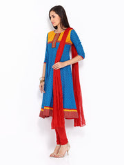Anouk Women Blue &amp; Red Printed Anarkali Churidar Kurta with Dupatta