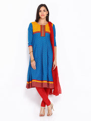 Anouk Women Blue &amp; Red Printed Anarkali Churidar Kurta with Dupatta