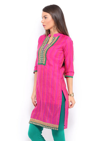 Anouk Women Fuchsia Pink Striped Chanderi Silk Kurta