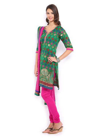 Anouk Women Green &amp; Pink Chanderi Jacquard Churidar Kurta with Dupatta