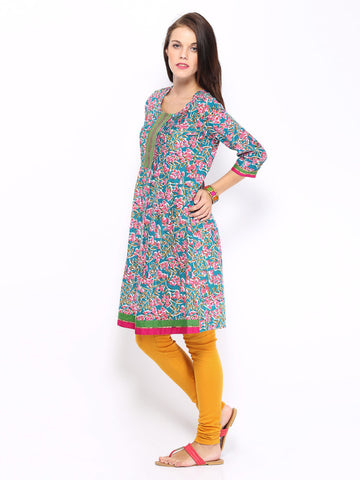 Anouk Women Blue &amp; Pink Printed Kurta