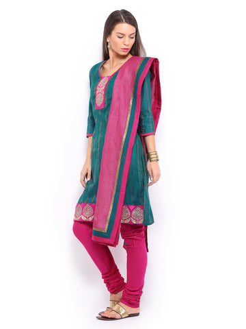Anouk Women Green &amp; Pink Striped Chanderi Silk Churidar Kurta with Dupatta