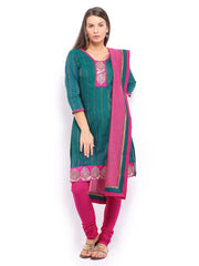 Anouk Women Green &amp; Pink Striped Chanderi Silk Churidar Kurta with Dupatta