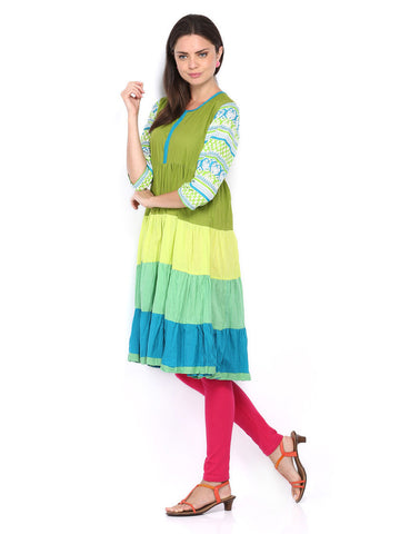 Anouk Women Green &amp; Blue Anarkali Printed Kurta