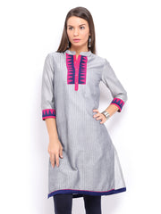 Anouk Women Grey Striped Art Silk Kurta