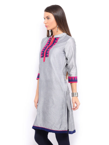 Anouk Women Grey Striped Art Silk Kurta