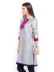 Anouk Women Grey Striped Art Silk Kurta