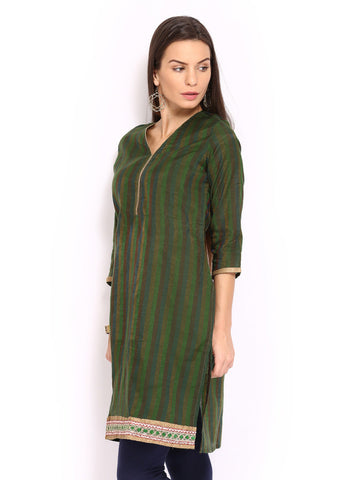 Anouk Women Green Chanderi Silk Striped Kurta