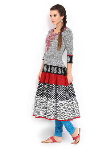 Anouk Women Black &amp; White Printed Anarkali Kurta