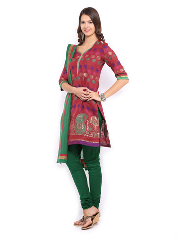 Anouk Women Maroon &amp; Green Chanderi Jacquard Churidar Kurta with Dupatta