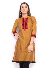 Anouk Women Mustard Yellow Striped Art Silk Kurta