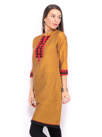 Anouk Women Mustard Yellow Striped Art Silk Kurta