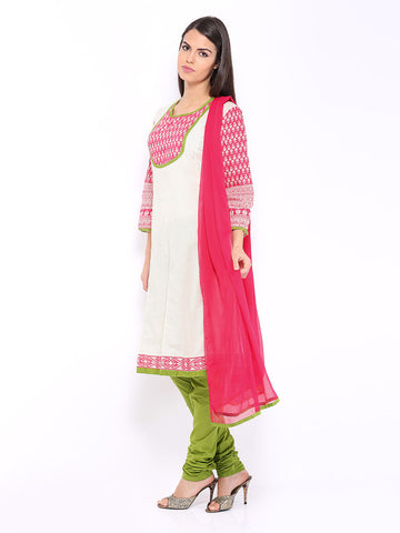 Anouk Women Off-White &amp; Pink Printed Anarkali Churidar Kurta with Dupatta