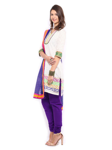 Anouk Women Off-White &amp; Purple Chanderi Jacquard Churidar Kurta with Dupatta