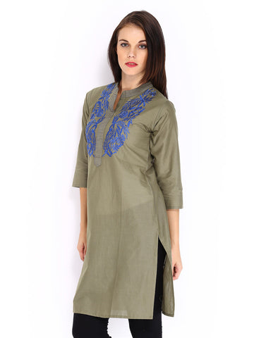 Anouk Women Olive Green Embroidered Kurta