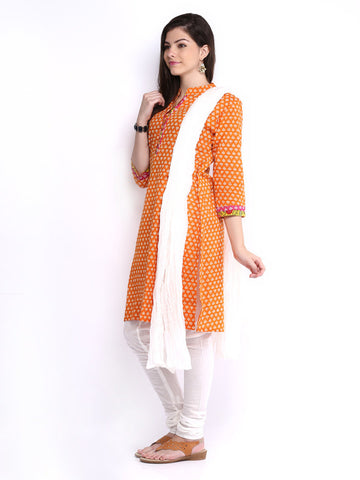 Anouk Women Orange &amp; White Churidar Kurta with Dupatta