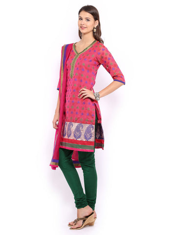 Anouk Women Pink &amp; Green Chanderi Jacquard Churidar Kurta with Dupatta