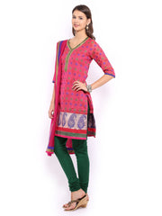 Anouk Women Pink &amp; Green Chanderi Jacquard Churidar Kurta with Dupatta