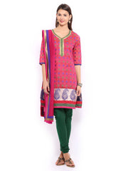 Anouk Women Pink &amp; Green Chanderi Jacquard Churidar Kurta with Dupatta