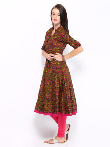 Anouk Women Pink &amp; Green Printed Anarkali Kurta