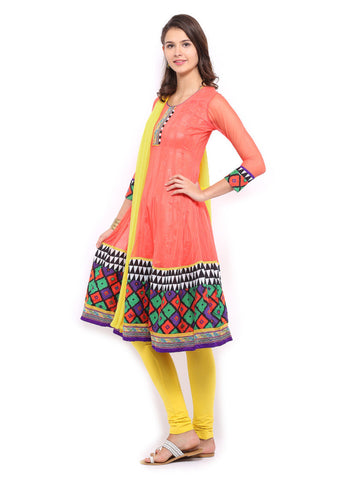 Anouk Women Coral Pink &amp; Yellow Anarkali Churidar Kurta with Dupatta