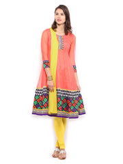 Anouk Women Coral Pink &amp; Yellow Anarkali Churidar Kurta with Dupatta