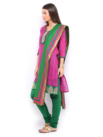 Anouk Women Magenta &amp; Green Striped Chanderi Silk Churidar Kurta with Dupatta