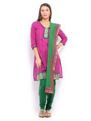 Anouk Women Magenta &amp; Green Striped Chanderi Silk Churidar Kurta with Dupatta