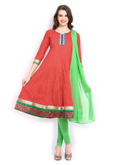Anouk Women Red &amp; Green Embroidered Anarkali Churidar Kurta with Dupatta